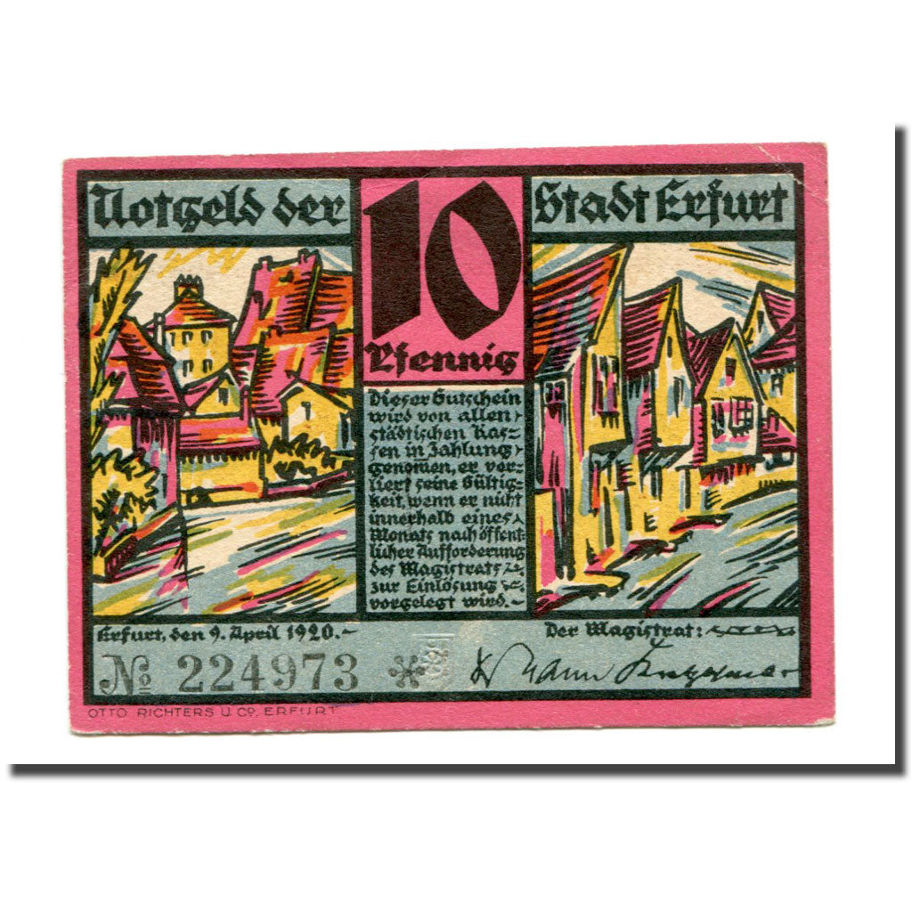 Banconote, Germania, Erfurt Stadt, 10 Pfennig, batiment 1, 1920, 1920-04-09