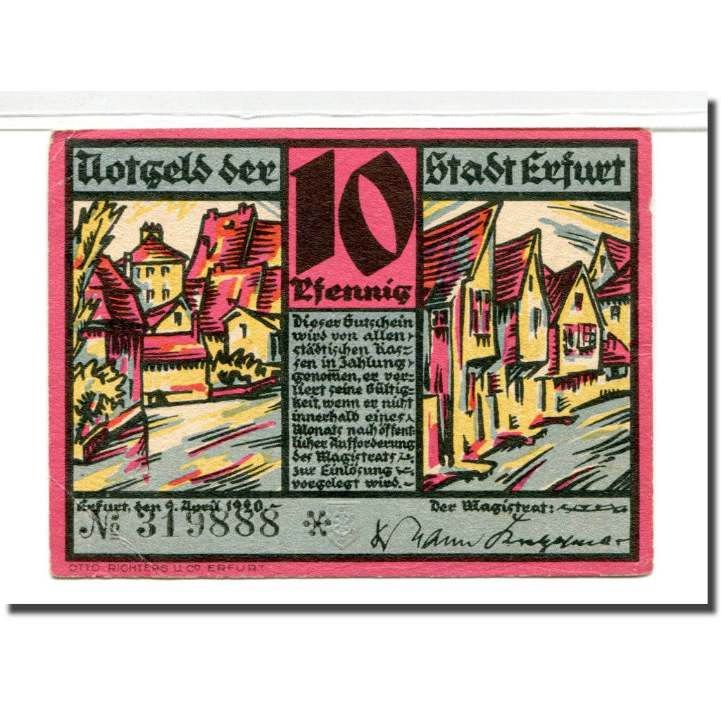 Banconote, Germania, Erfurt Stadt, 10 Pfennig, batiment 2, 1920, 1920-04-09