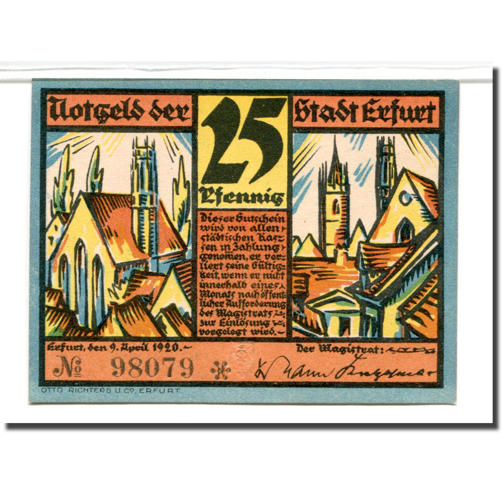 Billet, Allemagne, Erfurt Stadt, 25 Pfennig, monument 1, 1920, 1920-04-09, SPL