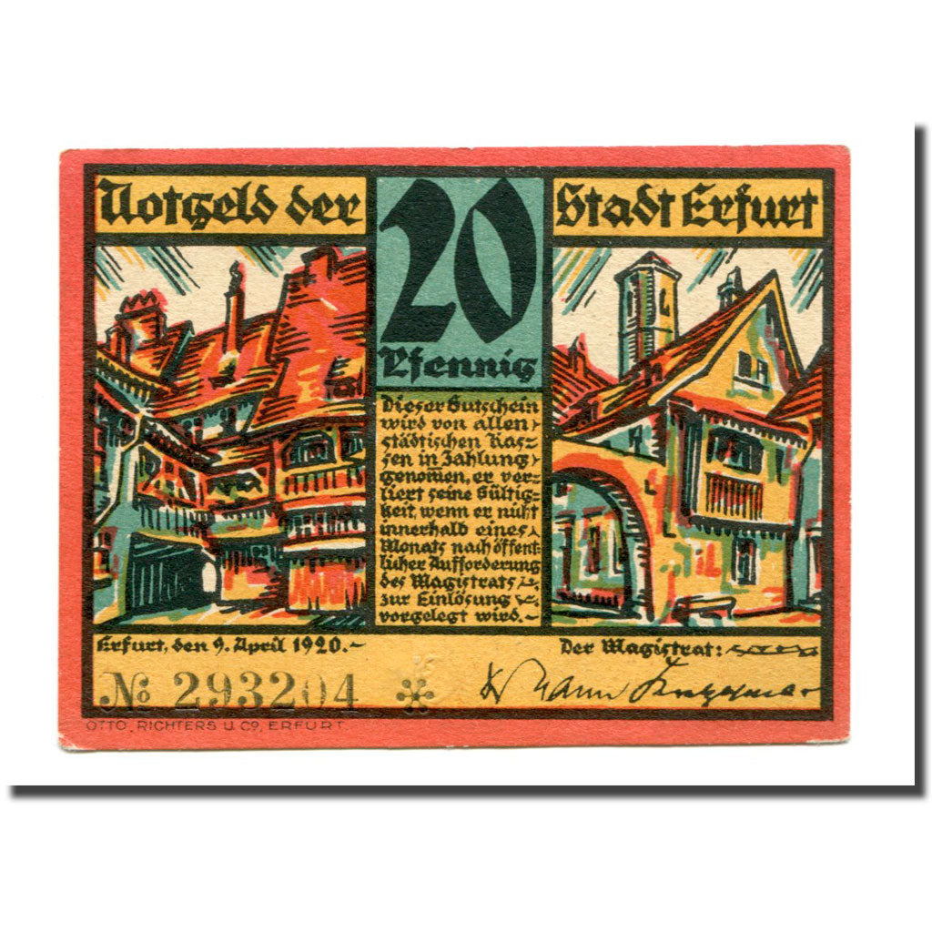 Billet, Allemagne, Erfurt Stadt, 20 Pfennig, rue, 1920, 1920-04-09, SPL