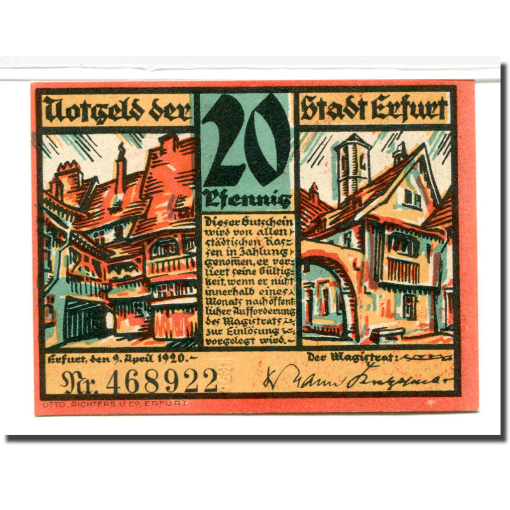 Billet, Allemagne, Erfurt Stadt, 20 Pfennig, rue 1, 1920, 1920-04-09, SPL
