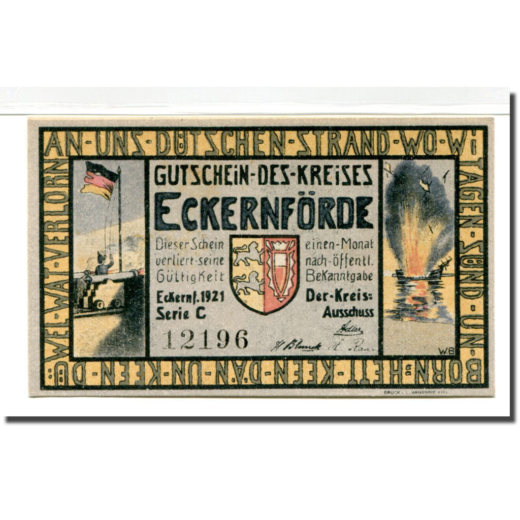 Billet, Allemagne, Eckernförde, 1 Mark, bateau, 1921, SPL, Mehl:306.1