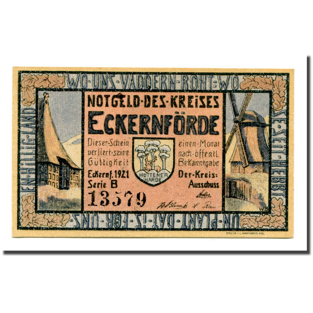 Banknot, Niemcy, Eckernförde, 50 Pfennig, paysage 1, 1921, Undated, UNC(63)