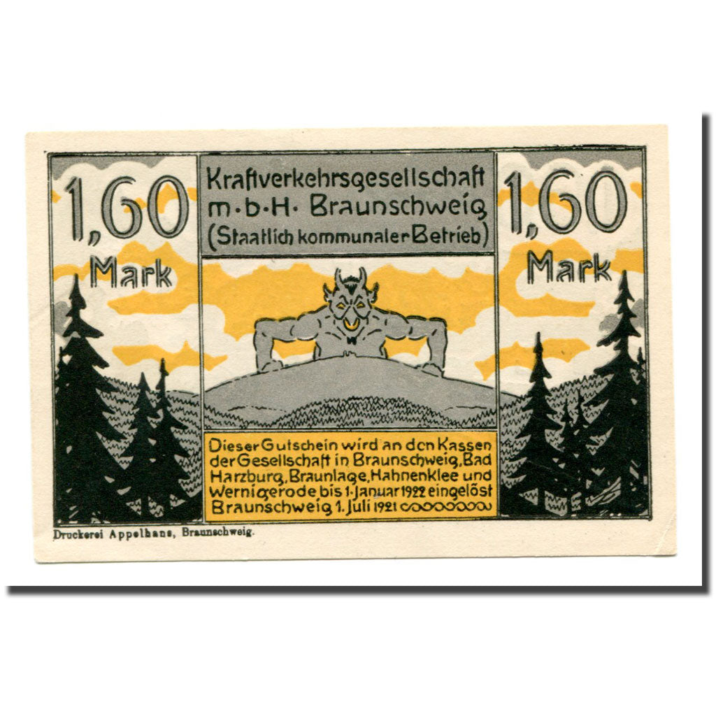 Billet, Allemagne, Braunschweig, 1.6 Mark, personnage, 1921, 1921-07-01, SPL