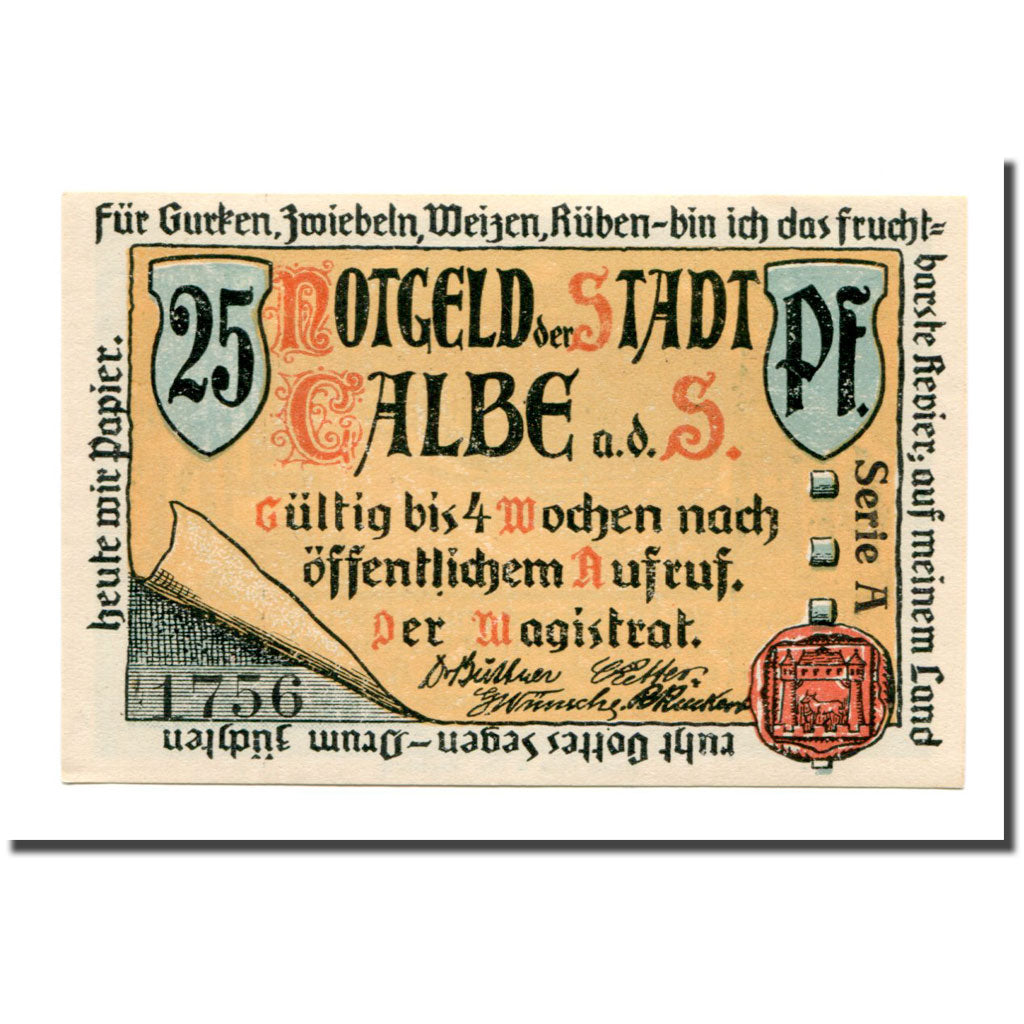 Billet, Allemagne, Calbe a.d. Saale Stadt, 25 Pfennig, paysage 1, 1921, SPL