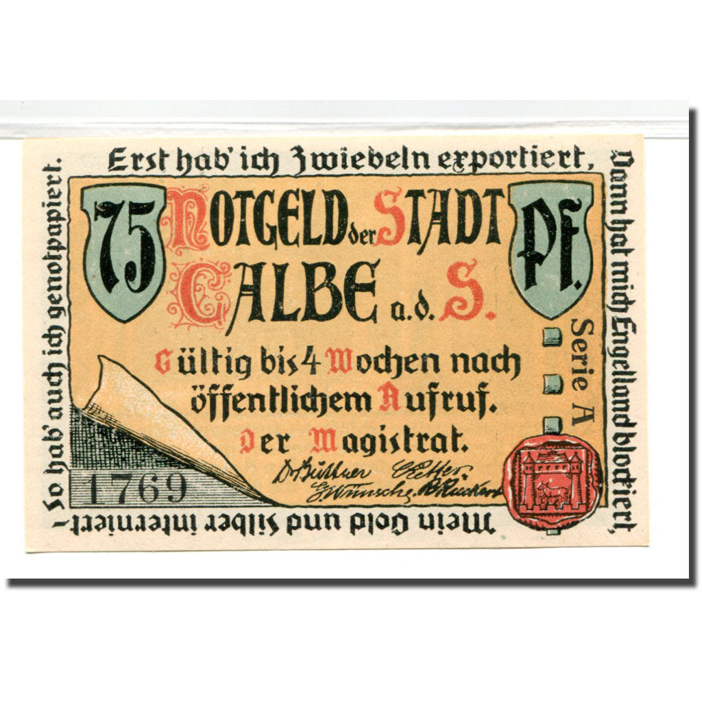 Billet, Allemagne, Calbe a.d. Saale Stadt, 75 Pfennig, paysage 3, 1921, SPL