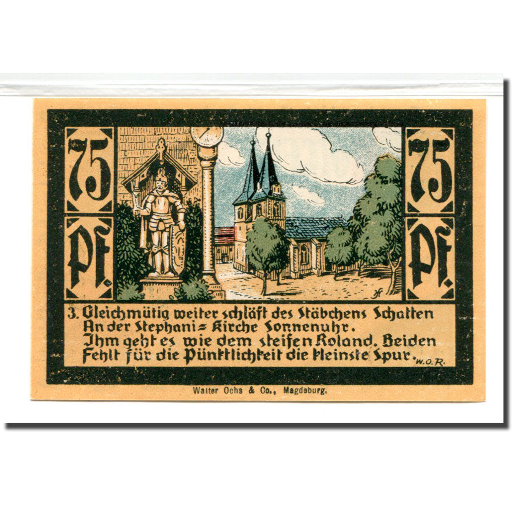 Billet, Allemagne, Calbe a.d. Saale Stadt, 75 Pfennig, paysage 3, 1921, SPL