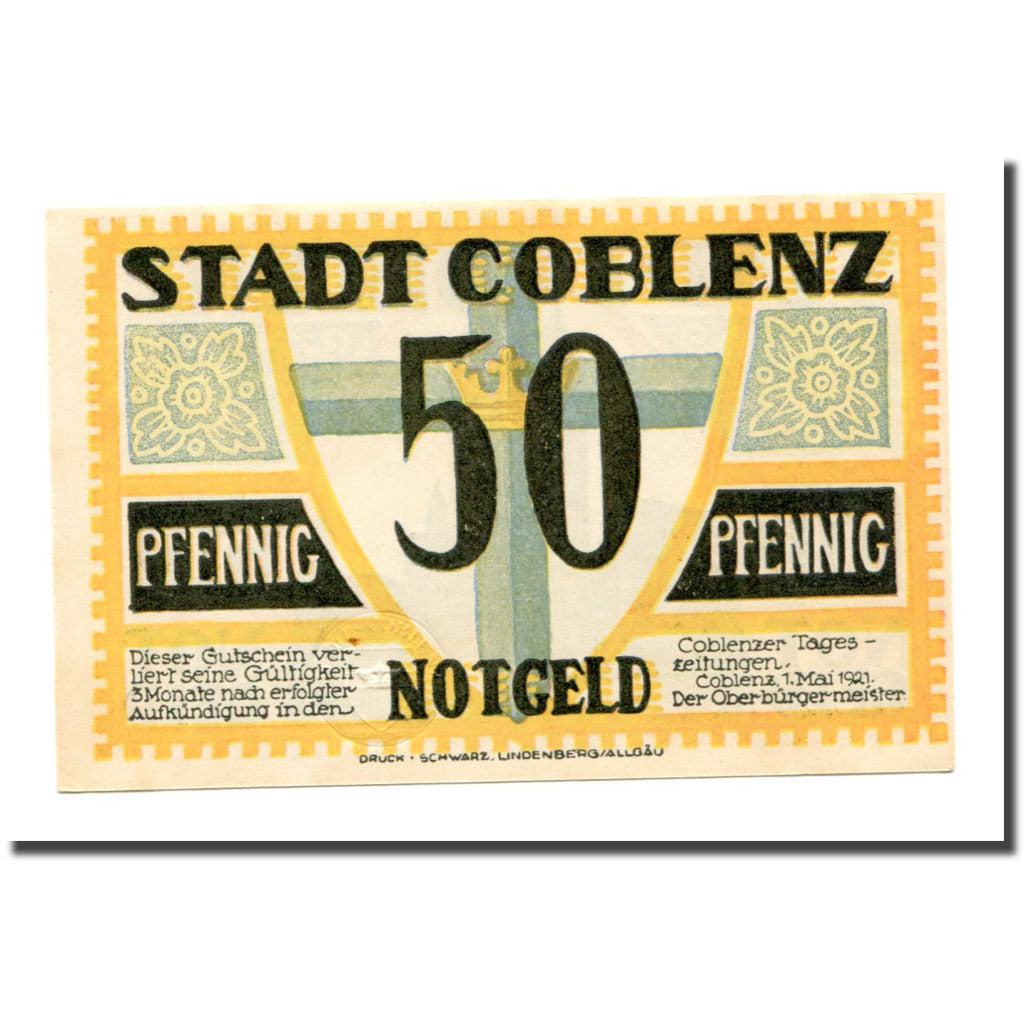 Banknote, Germany, Coblenz, 50 Pfennig, Eglise, 1921, 1921-05-01, UNC(63)