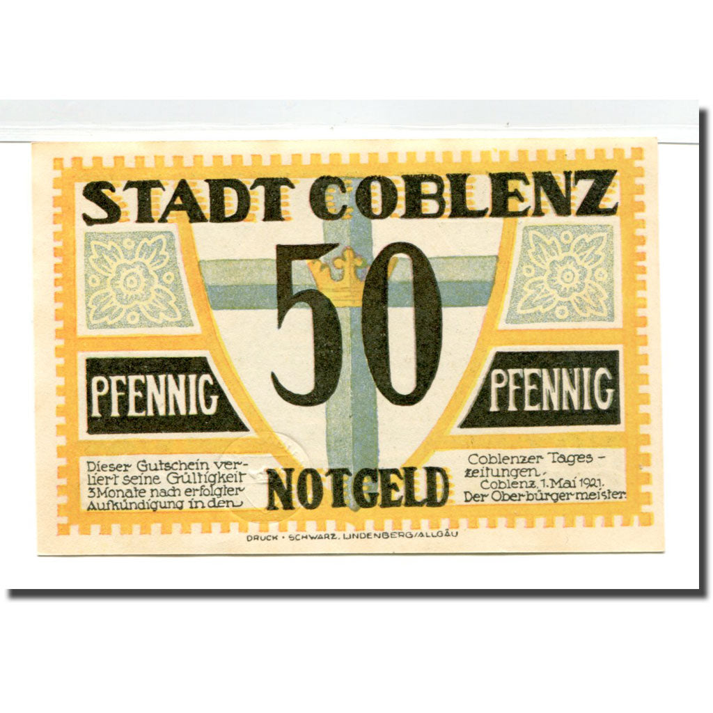 Banknote, Germany, Coblenz, 50 Pfennig, Monument, 1921, 1921-05-01, UNC(63)
