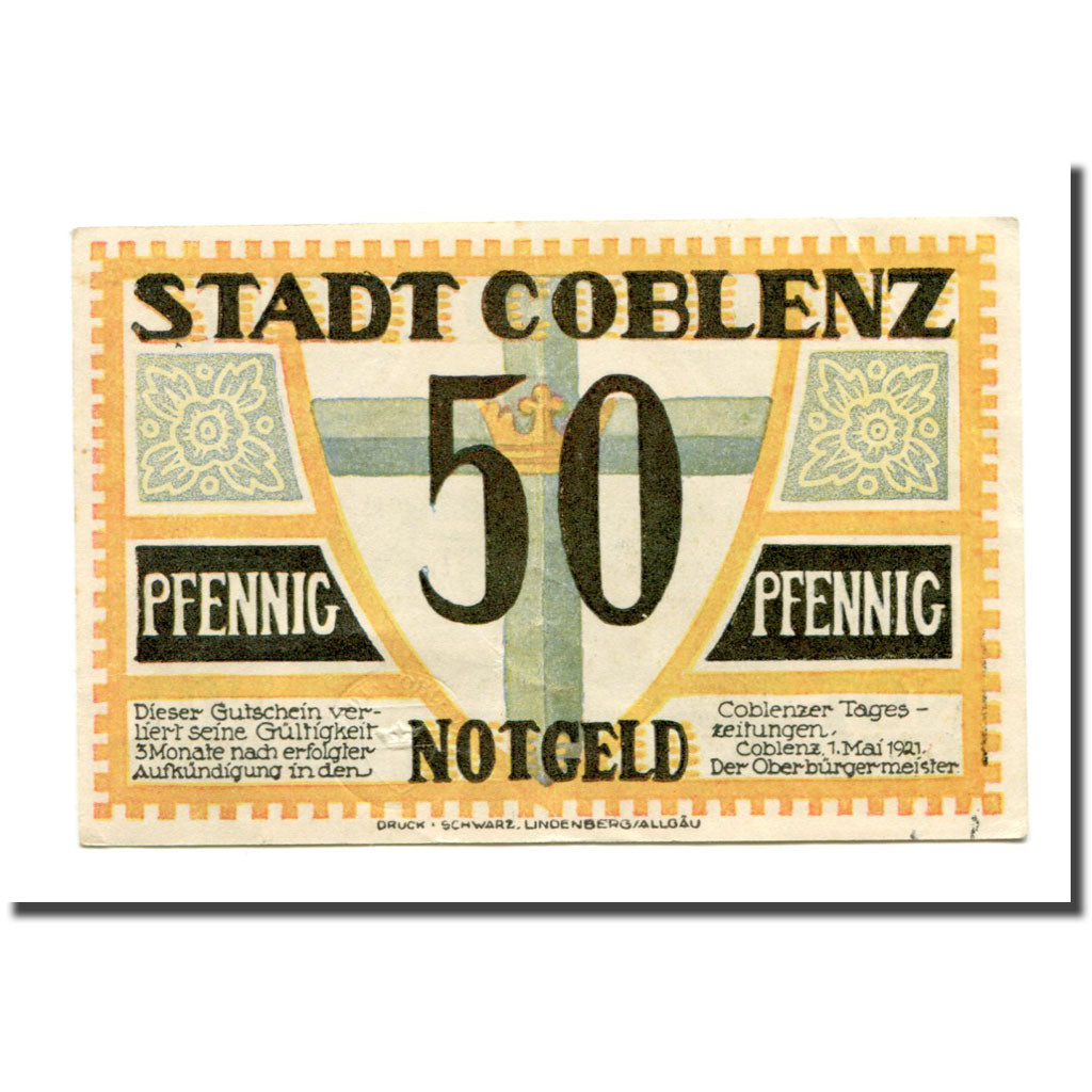 Biljet, Duitsland, Coblenz, 50 Pfennig, monument 1, 1921, 1921-05-01, SPL