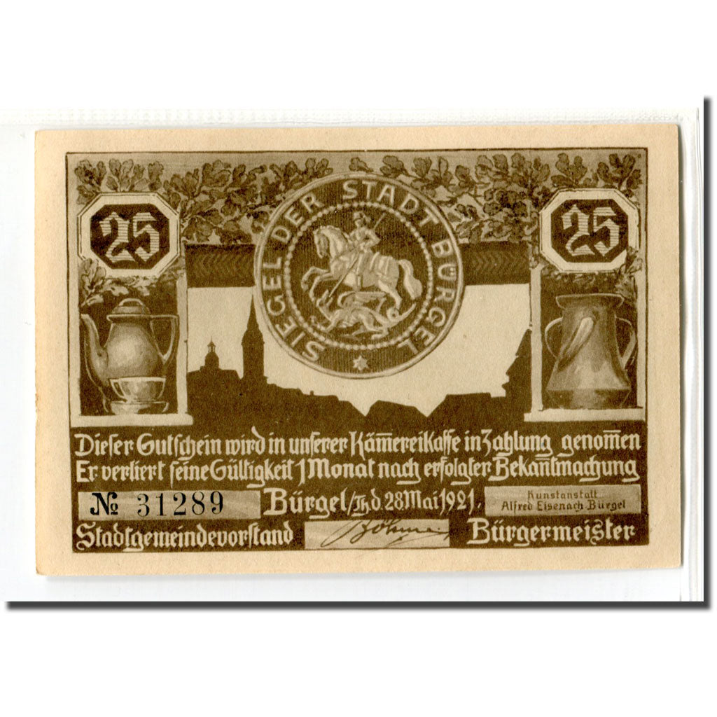 Banknot, Niemcy, Burgel Stadt, 25 Pfennig, personnage 1, 1921, 1921-05-28