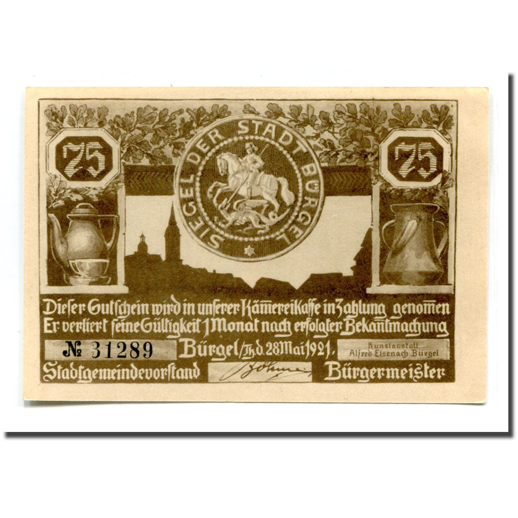 Geldschein, Deutschland, Burgel Stadt, 75 Pfennig, personnage 4, 1921