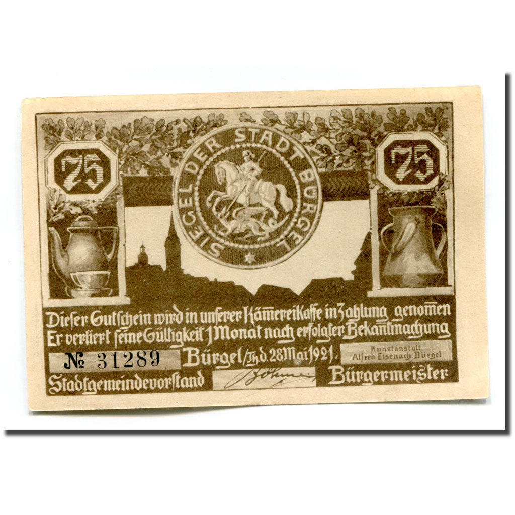 Banknote, Germany, Burgel Stadt, 75 Pfennig, personnage 5, 1921, 1921-05-28