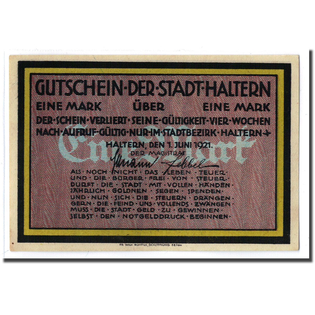 Banconote, Germania, Haltern, 1 Mark, N.D, 1921, 1921-06-01, SPL, Mehl:514.1