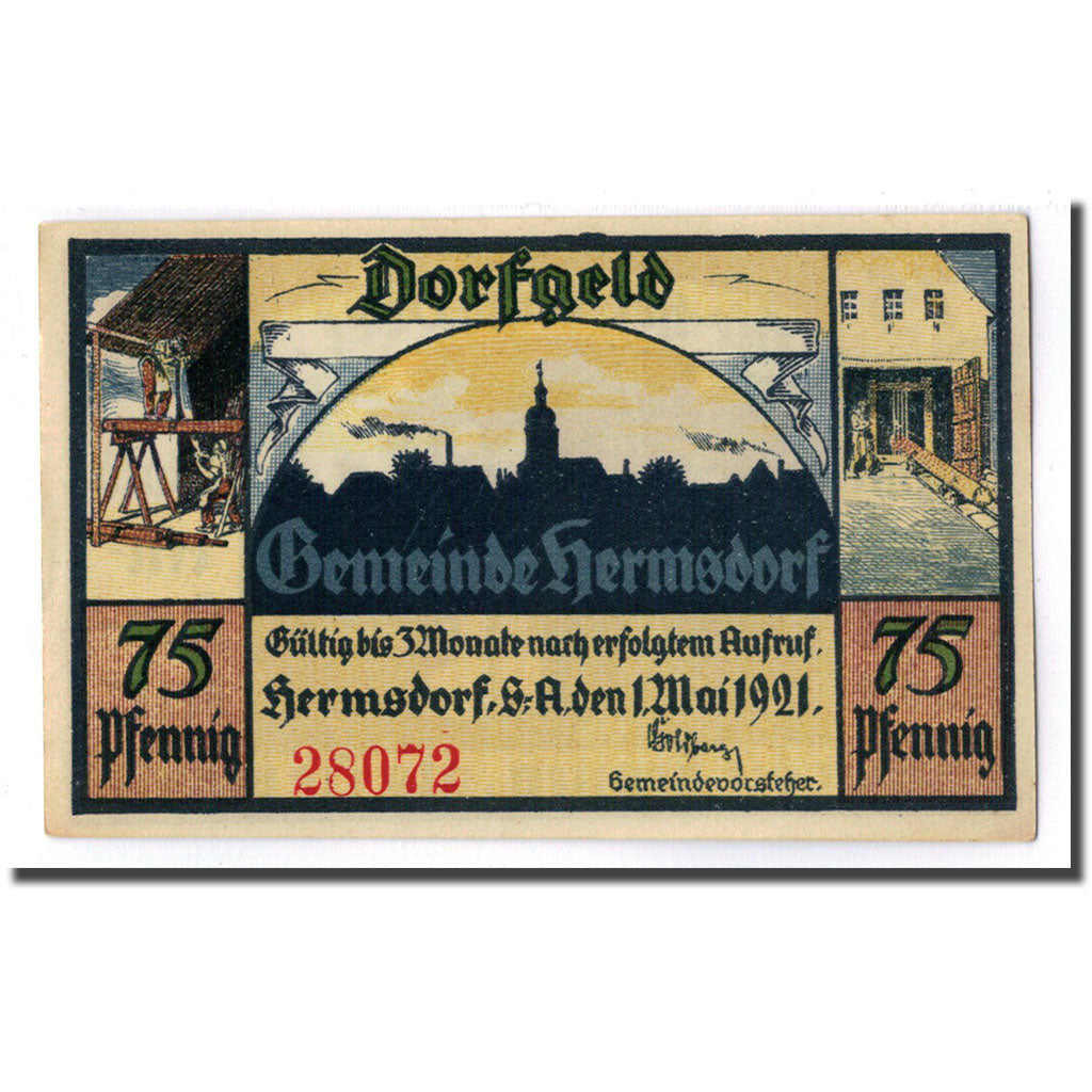 Banknote, Germany, Hermsdorf, 75 Pfennig, personnage, 1921, 1921-05-01, UNC(63)