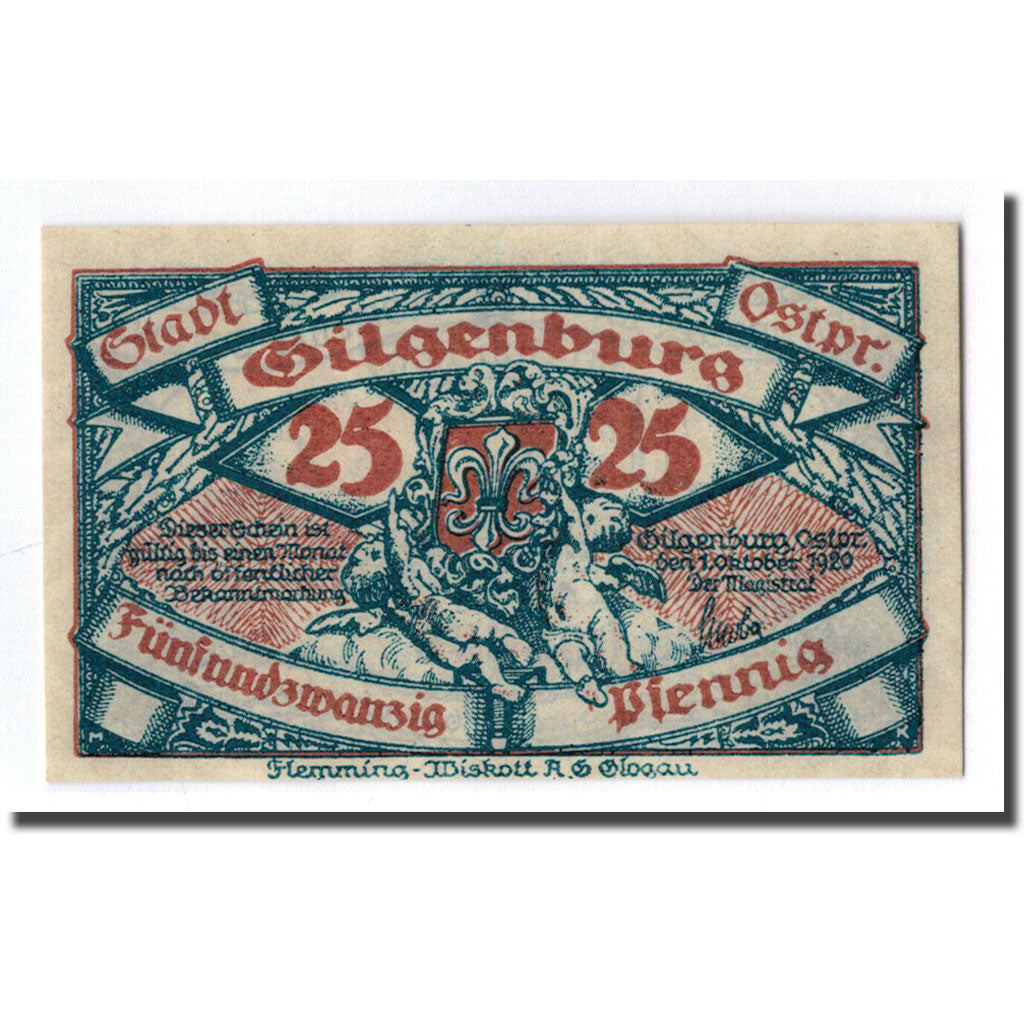 Geldschein, Deutschland, Gilgenburg Stadt, 25 Pfennig, paysage 2, 1920