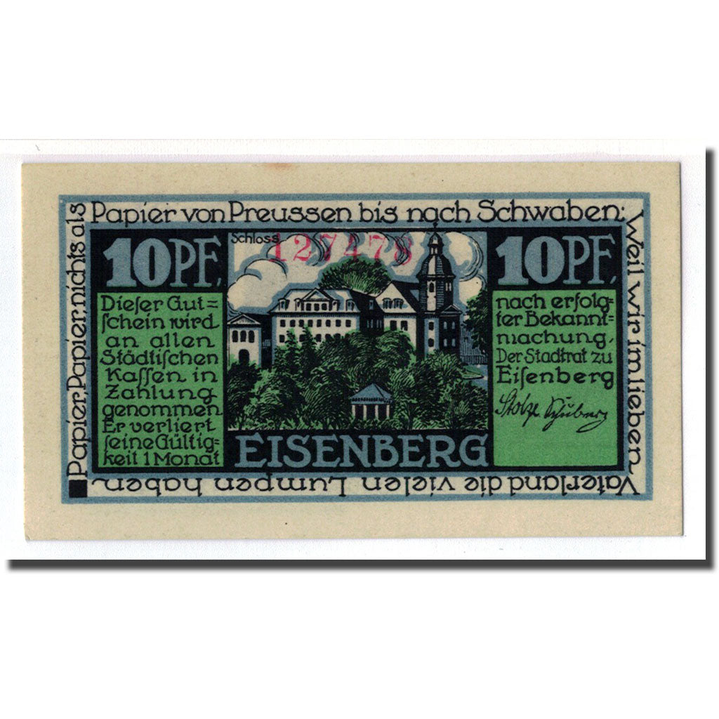 Banconote, Germania, Eisenberg Stadt, 10 Pfennig, Blason, 1921, SPL, Mehl:322.1