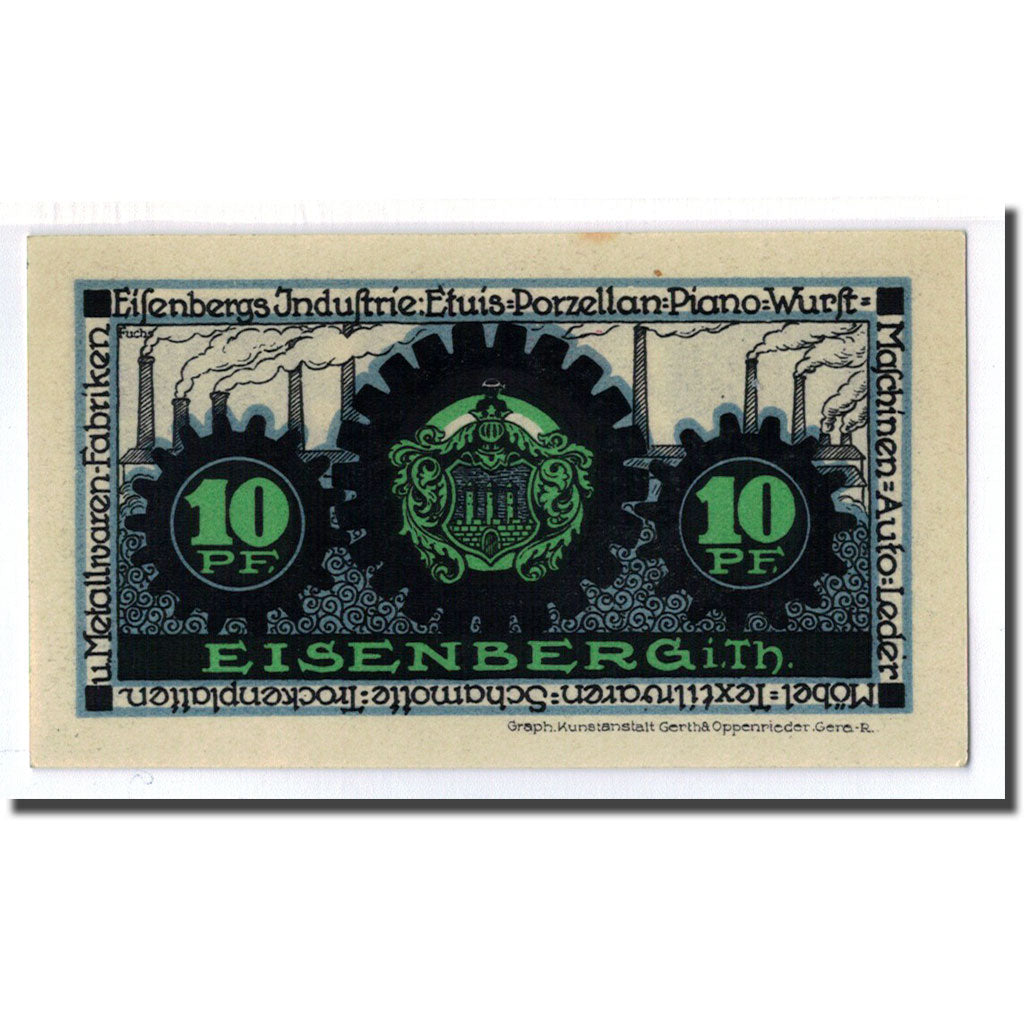 Banconote, Germania, Eisenberg Stadt, 10 Pfennig, Blason, 1921, SPL, Mehl:322.1