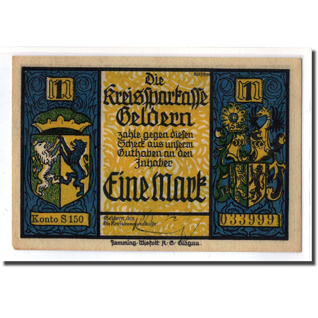 Banconote, Germania, Geldern Stadt, 1 Mark, dragon, 1922, SPL, Mehl:414.1b