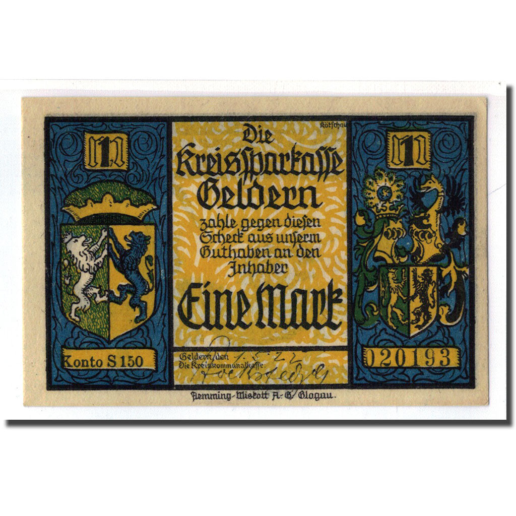 Banknote, Germany, Geldern Stadt, 1 Mark, Dragon 1, 1922, UNC(63), Mehl:414.1b