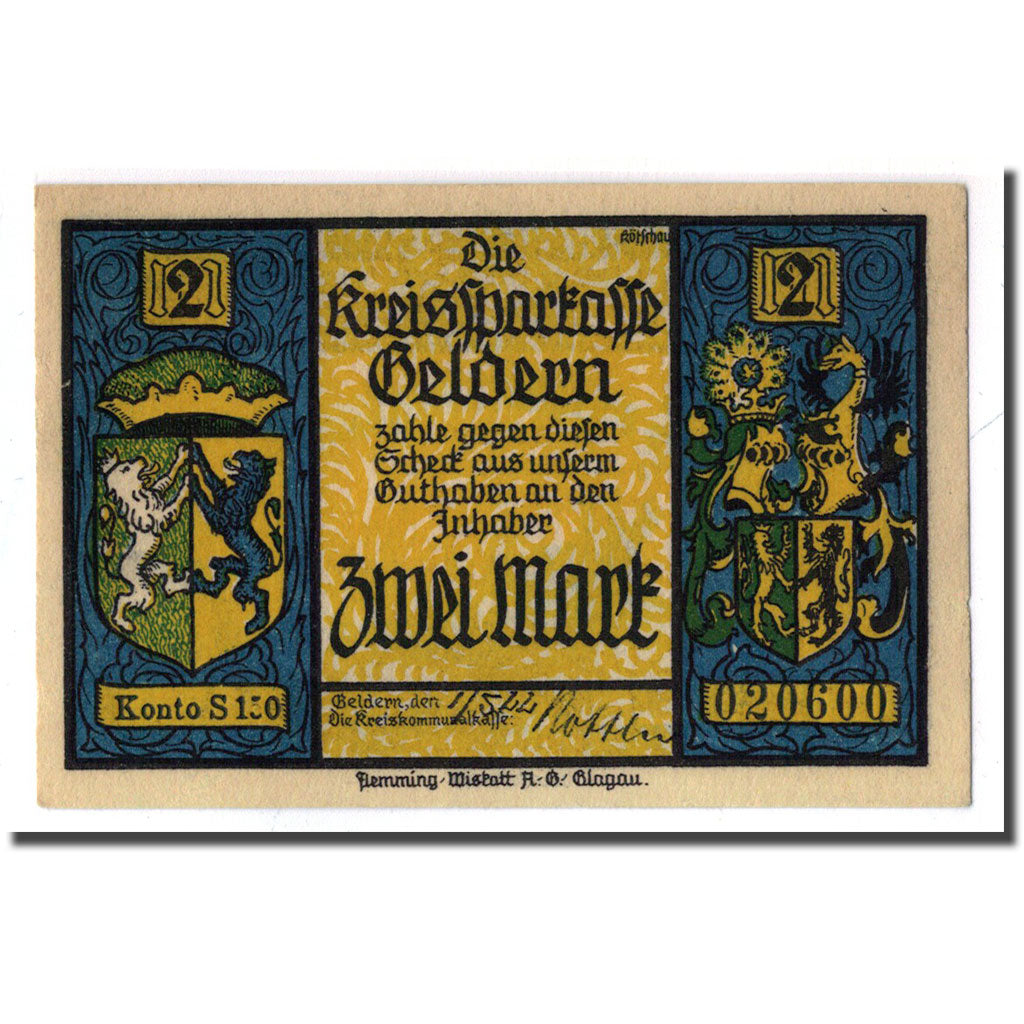 Banknote, Germany, Geldern Stadt, 2 Mark, Dragon 3, 1922, UNC(63), Mehl:414.1b