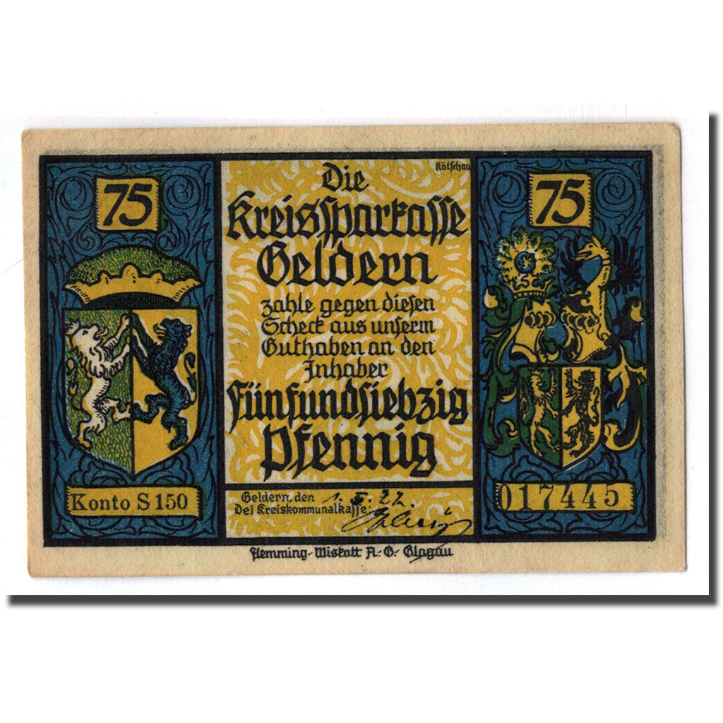 Banconote, Germania, Geldern Stadt, 75 Pfennig, chevalier, 1922, SPL