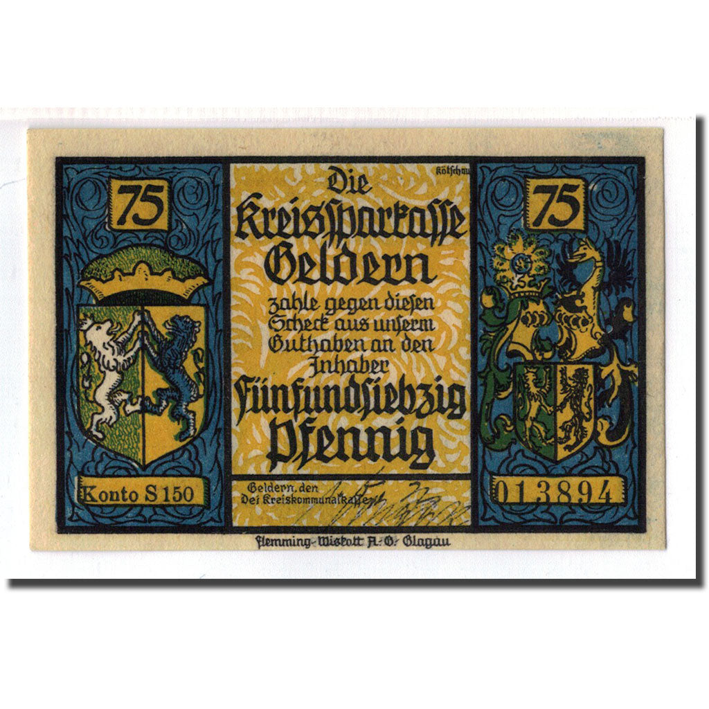 Banknote, Germany, Geldern Stadt, 75 Pfennig, chevalier 1, 1922, UNC(63)