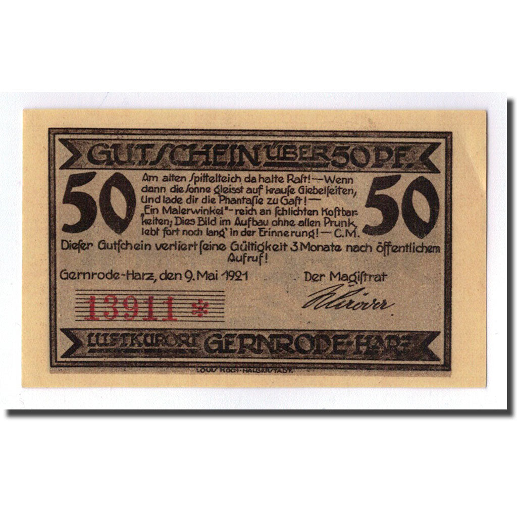 Banknote, Germany, Gernrode a. H., 50 Pfennig, village, 1921, 1921-05-09