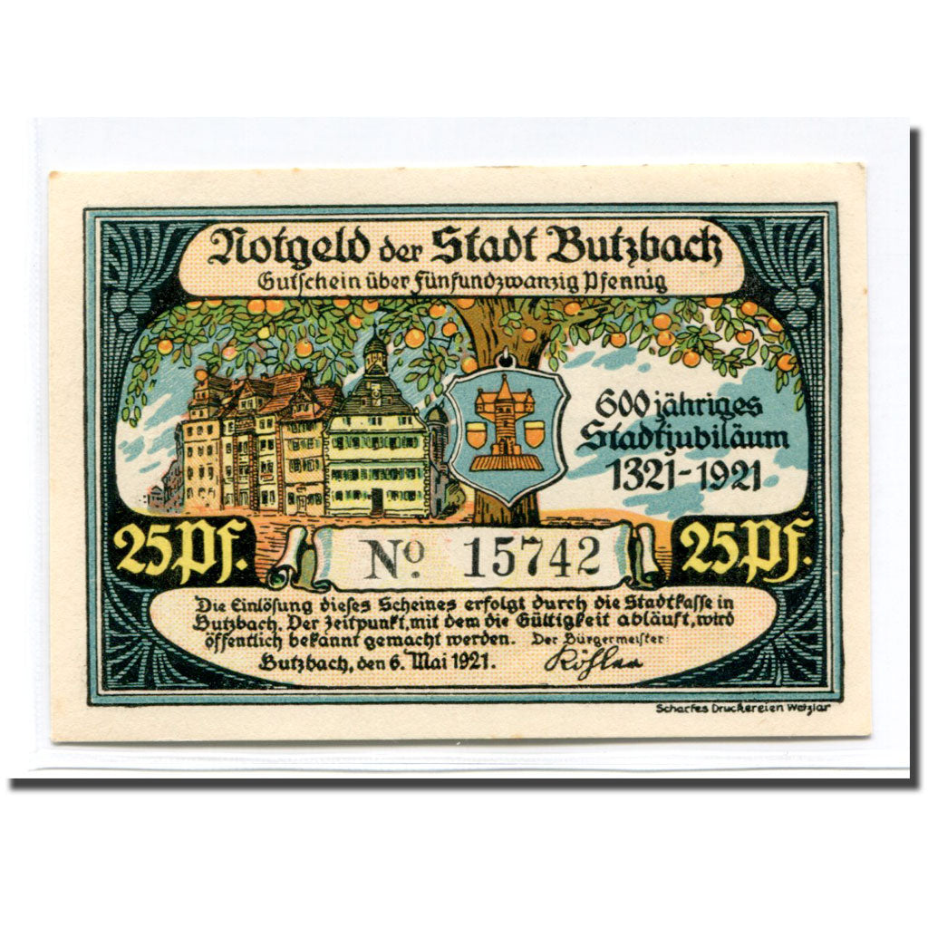 Banknote, Germany, Butzbach, 25 Pfennig, personnage, 1921, 1921-05-06, UNC(63)