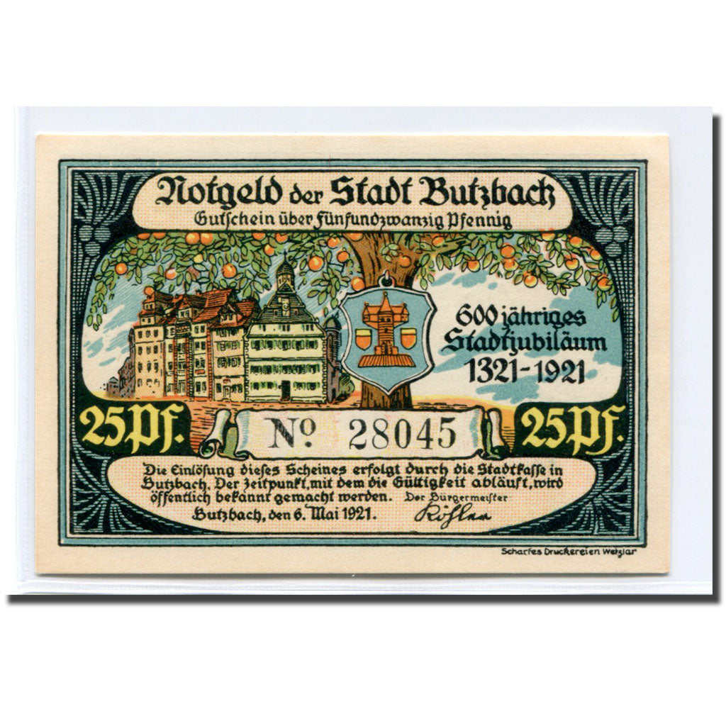 Billet, Allemagne, Butzbach, 25 Pfennig, personnage 2, 1921, 1921-05-06, SPL