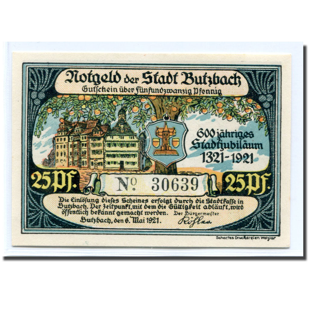 Banconote, Germania, Butzbach, 25 Pfennig, personnage 3, 1921, 1921-05-06, SPL