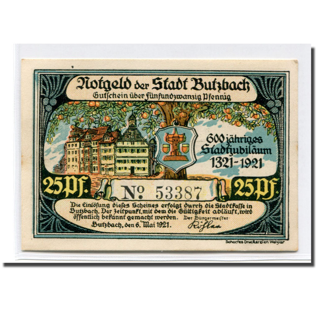 Banconote, Germania, Butzbach, 25 Pfennig, personnage 5, 1921, 1921-05-06, SPL