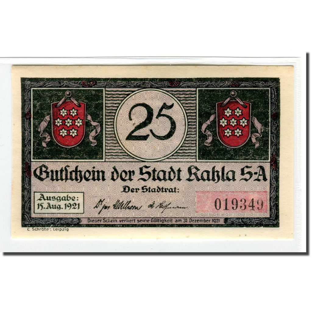 Banknote, Germany, Kahla, 25 Pfennig, personnage, 1921, 1921-08-15, UNC(63)