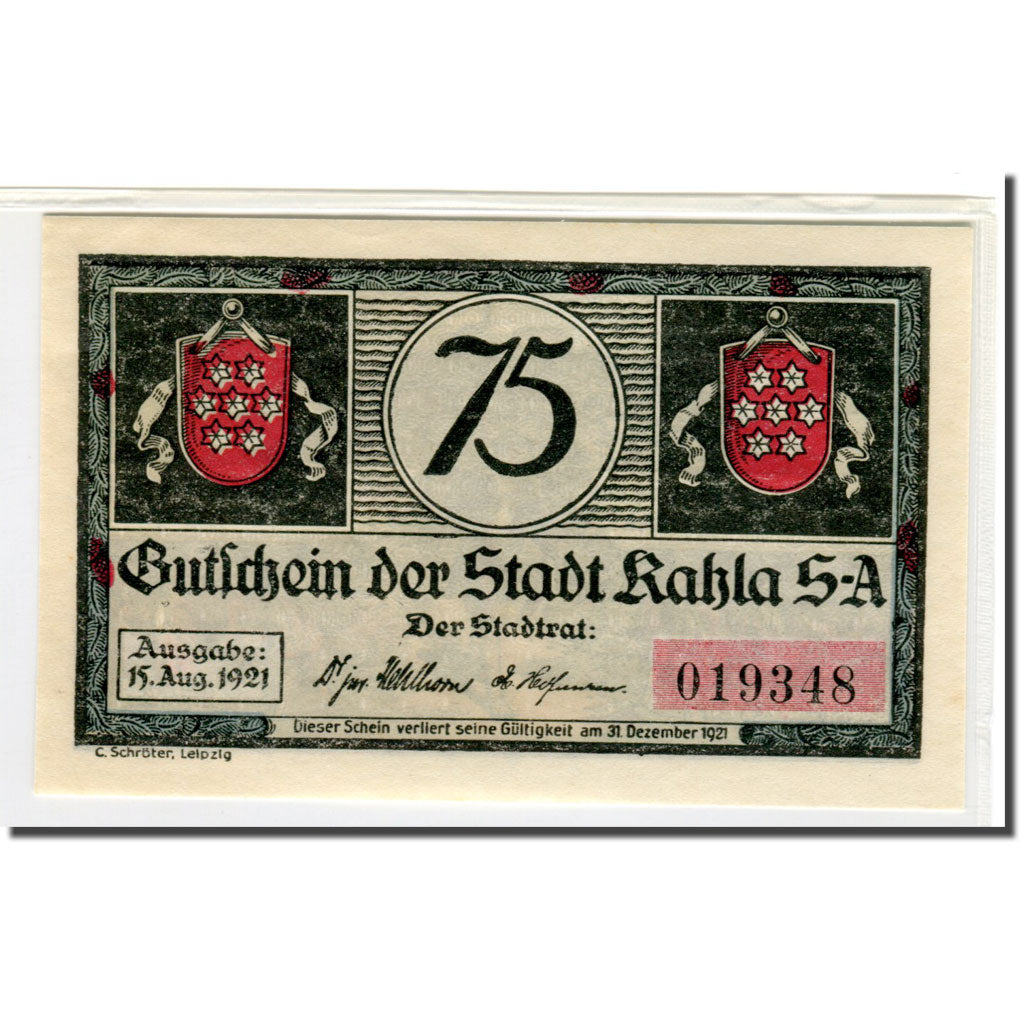 Banknote, Germany, Kahla, 75 Pfennig, personnage 2, 1921, 1921-08-15, UNC(63)