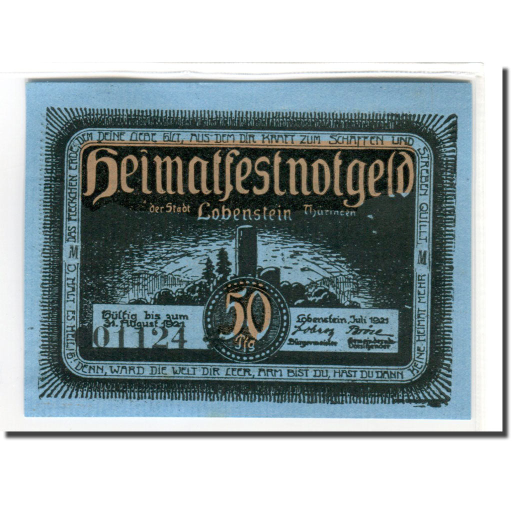 Banconote, Germania, Lobenstein, 50 Pfennig, paysage 3, 1921, SPL, Mehl:809.2a