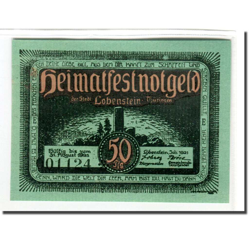 Banknot, Niemcy, Lobenstein, 50 Pfennig, paysage 4, 1921, Undated, UNC(63)