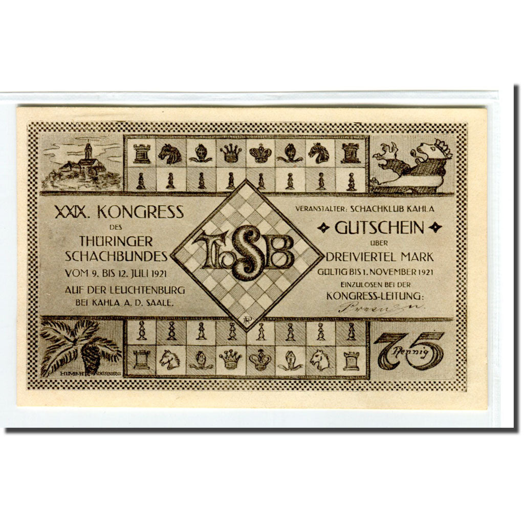 Banconote, Germania, Kahla, 75 Pfennig, Echiquier 1, 1921, 1921-11-01, SPL