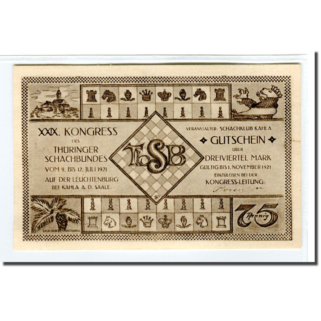 Banknote, Germany, Kahla, 75 Pfennig, Echiquier 3, 1921, 1921-11-01, UNC(63)