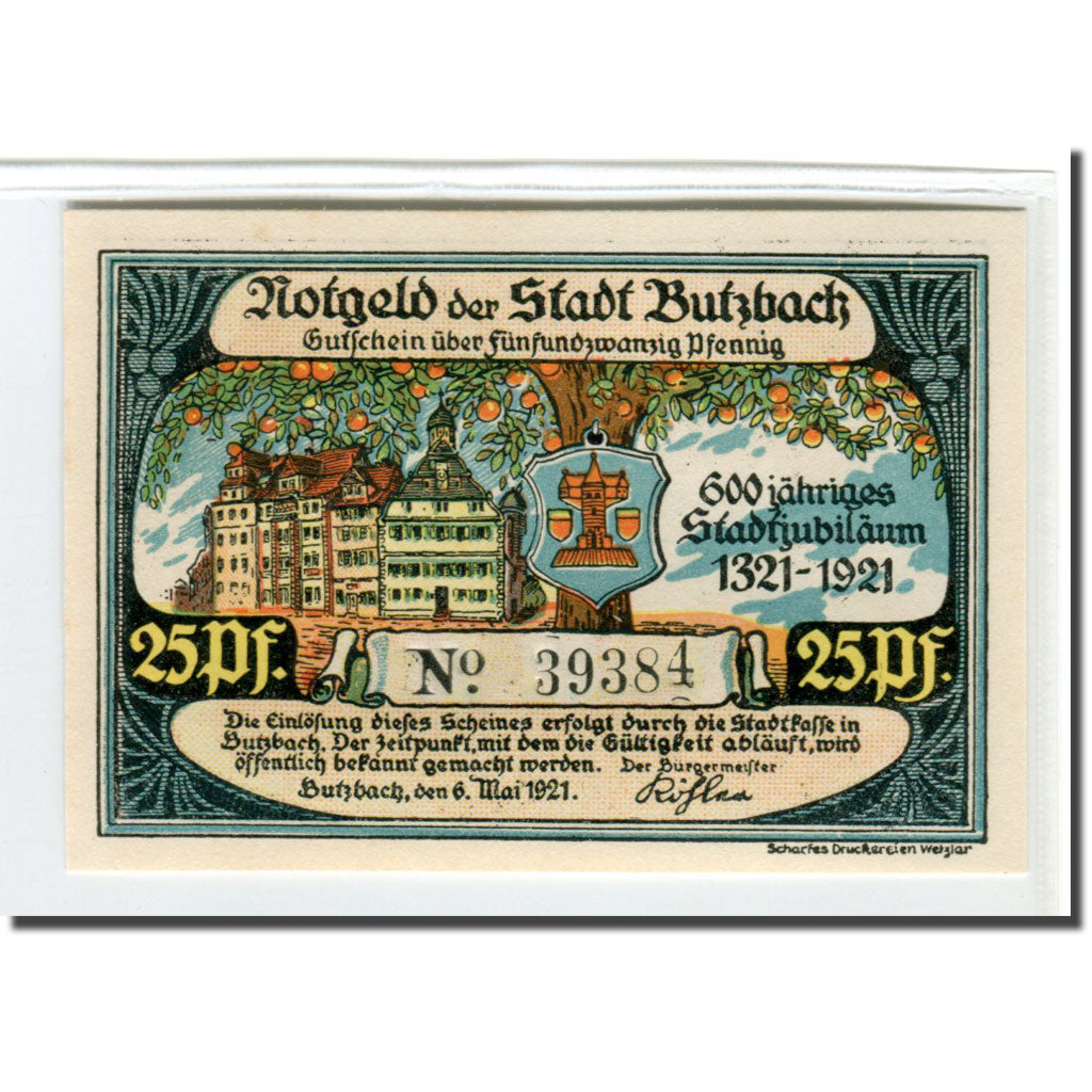 Banconote, Germania, Butzbach, 25 Pfennig, personnage, 1921, 1921-05-06, SPL