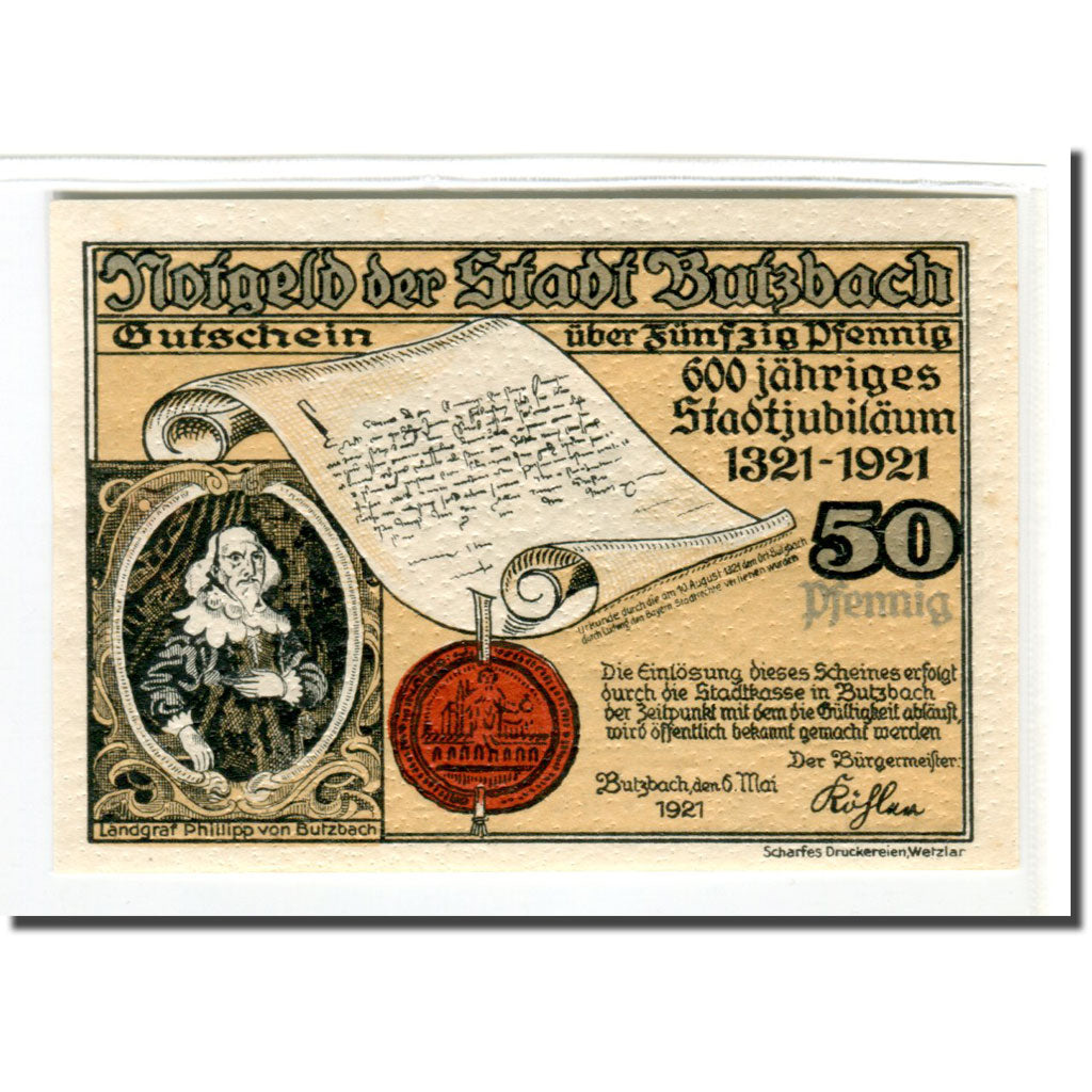 Banknote, Germany, Butzbach, 50 Pfennig, Batiment, 1921, 1921-05-06, UNC(63)