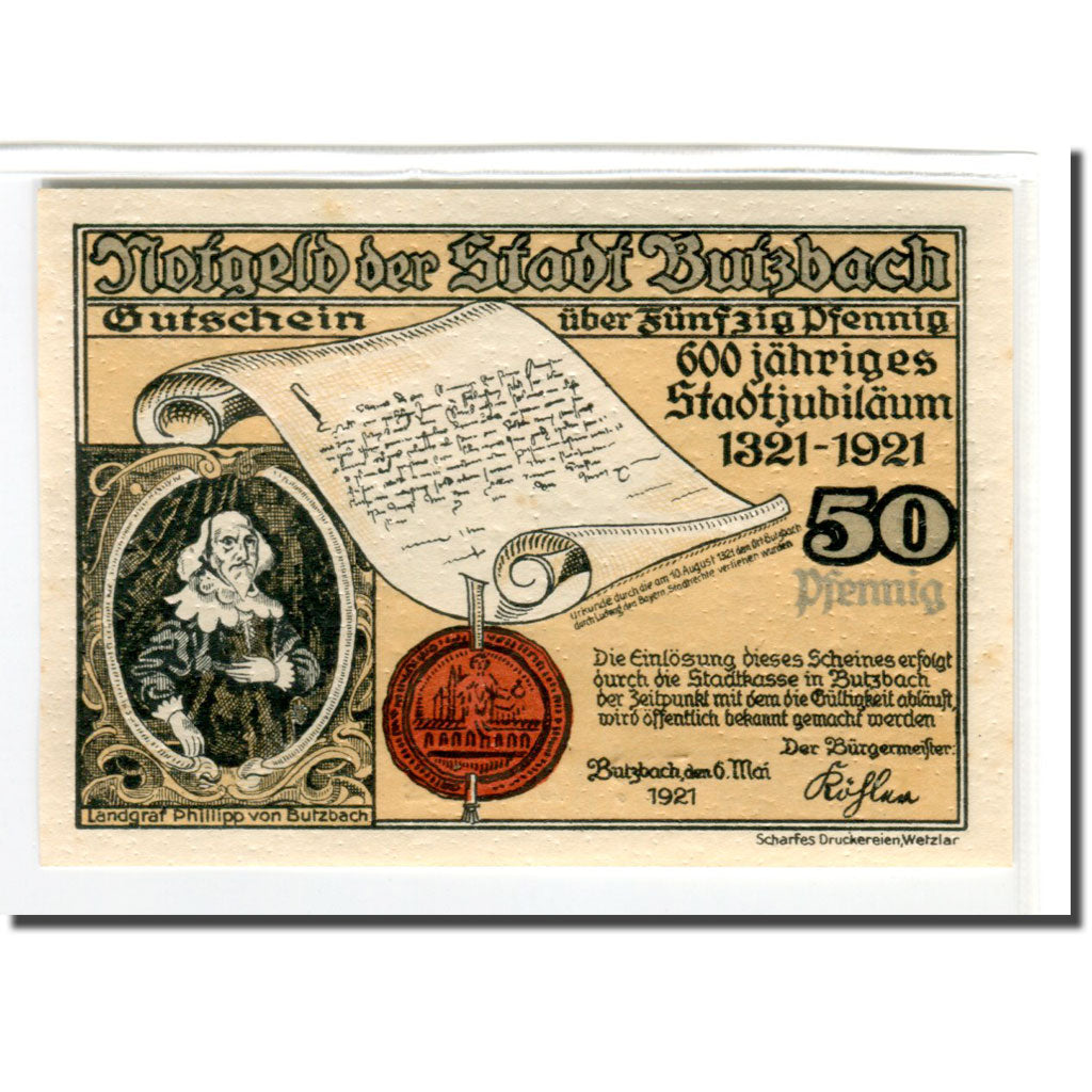 Geldschein, Deutschland, Butzbach, 50 Pfennig, Batiment 5, 1921, 1921-05-06
