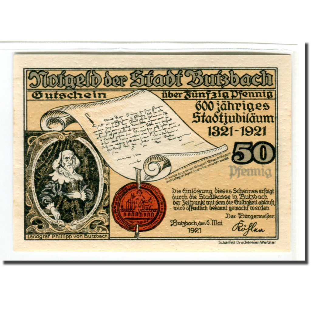 Banconote, Germania, Butzbach, 50 Pfennig, Batiment 6, 1921, 1921-05-06, SPL