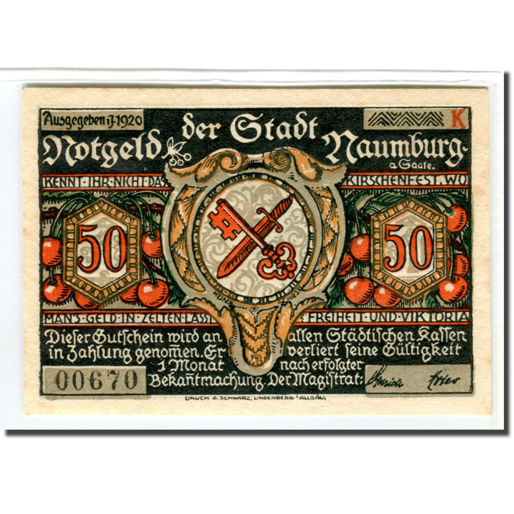 Billete, Alemania, Naumburg a.S. Stadt, 50 Pfennig, personnage 8, 1920, SC