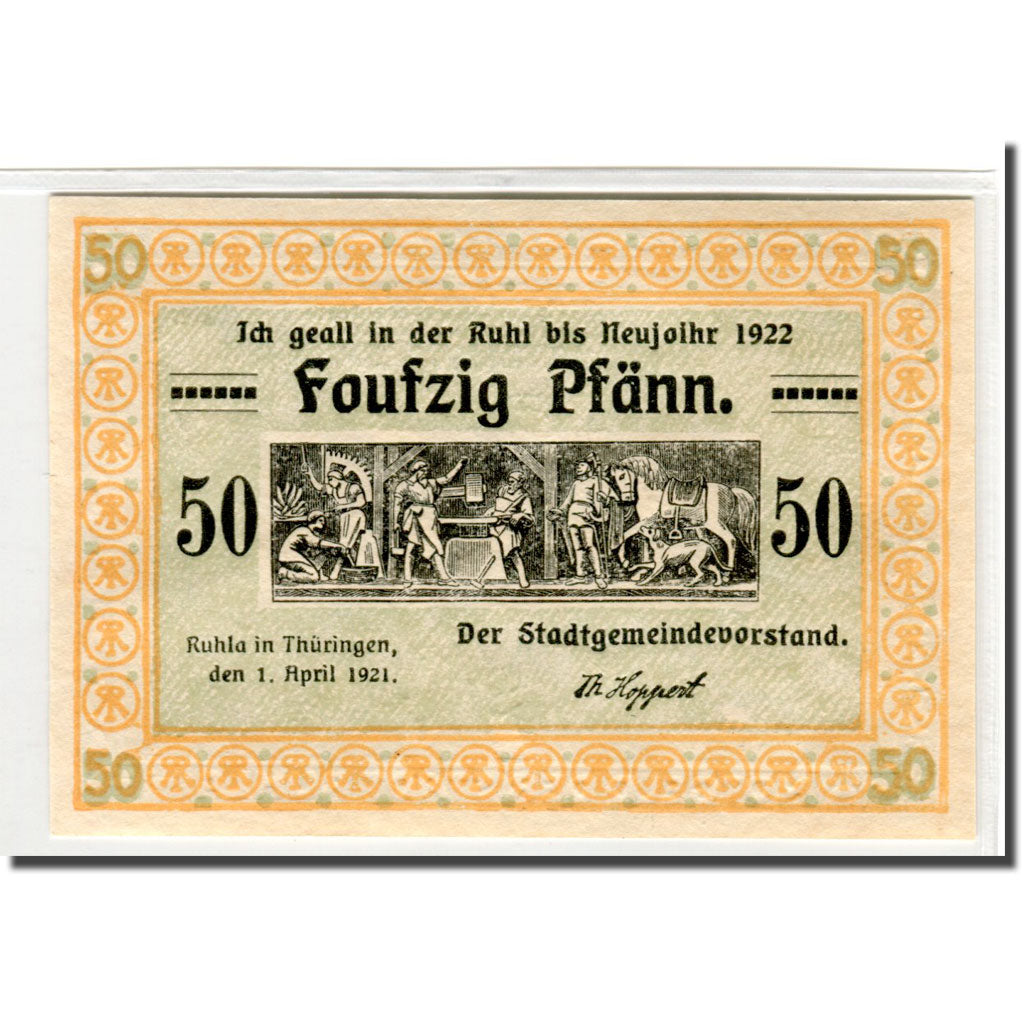 Banknot, Niemcy, Ruhla, 50 Pfennig, personnage 2, 1921, 1921-04-01, UNC(63)