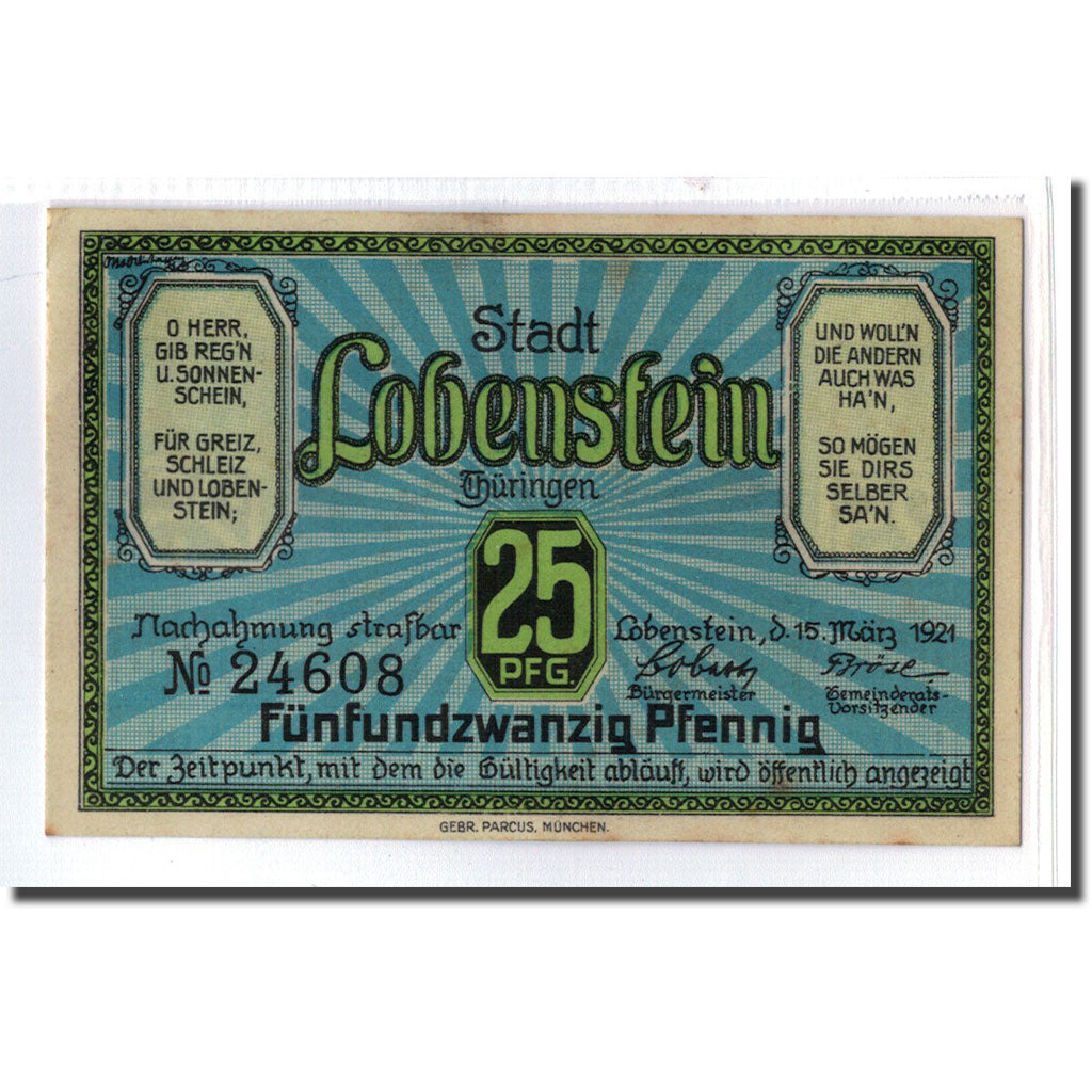 Banknote, Germany, Lobenstein, 25 Pfennig, paysage 1, 1921, 1921-03-15, UNC(63)
