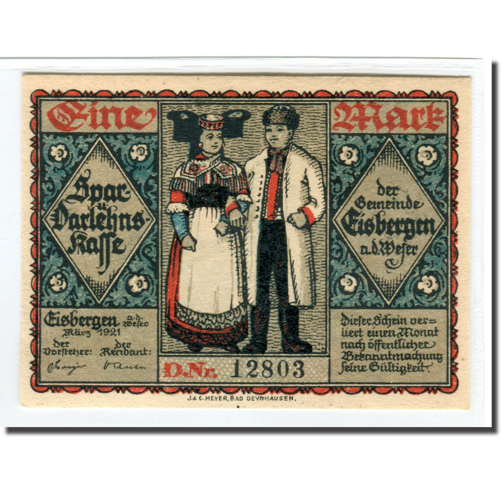 Banknote, Germany, Eisbergen, 1 Mark, personnage, 1921, UNC(63), Mehl:317.1a