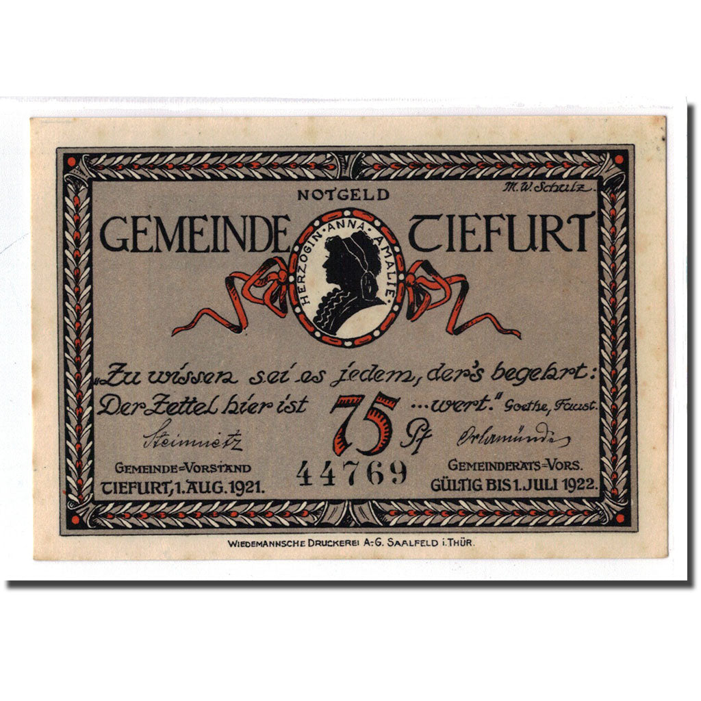 Banknote, Germany, Tiefurt, 75 Pfennig, arbre, 1921, 1921-08-01, UNC(63)