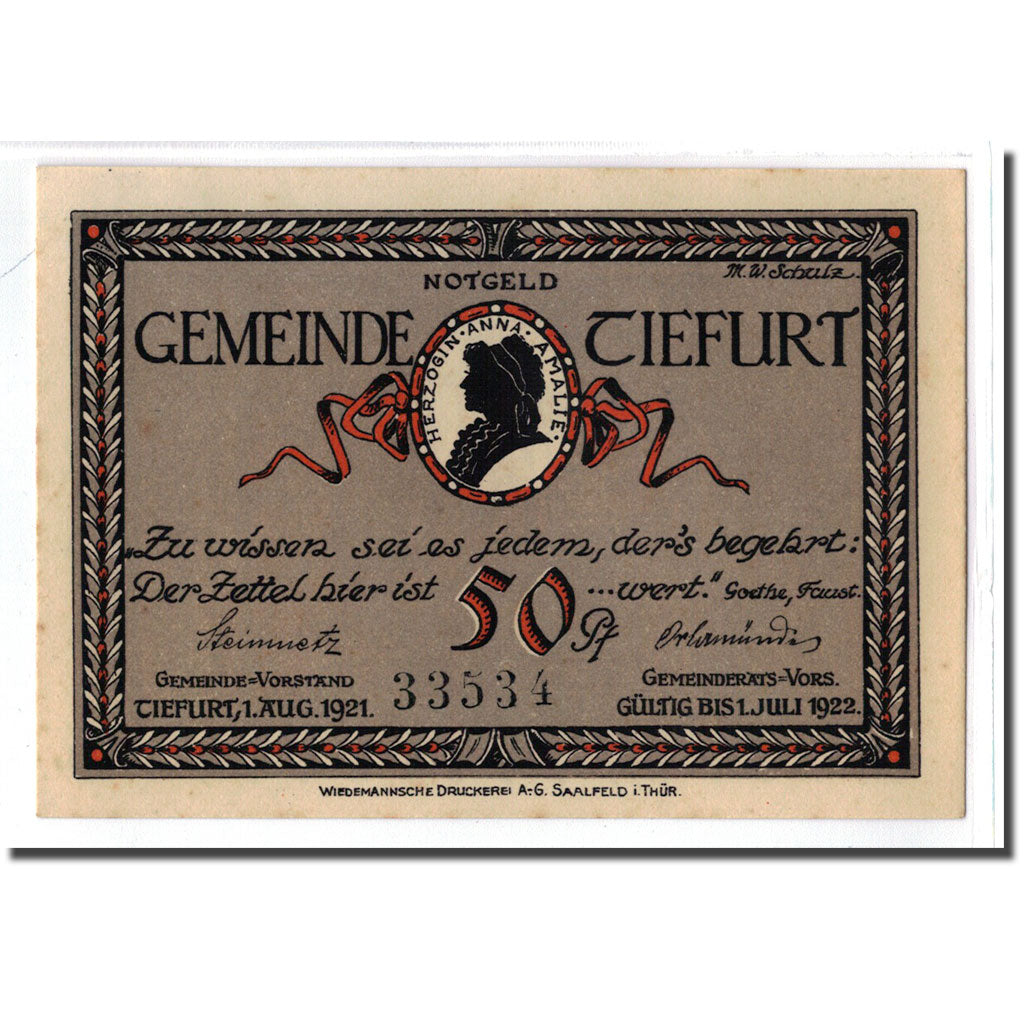 Banknote, Germany, Tiefurt, 50 Pfennig, Monument, 1921, 1921-08-01, UNC(63)