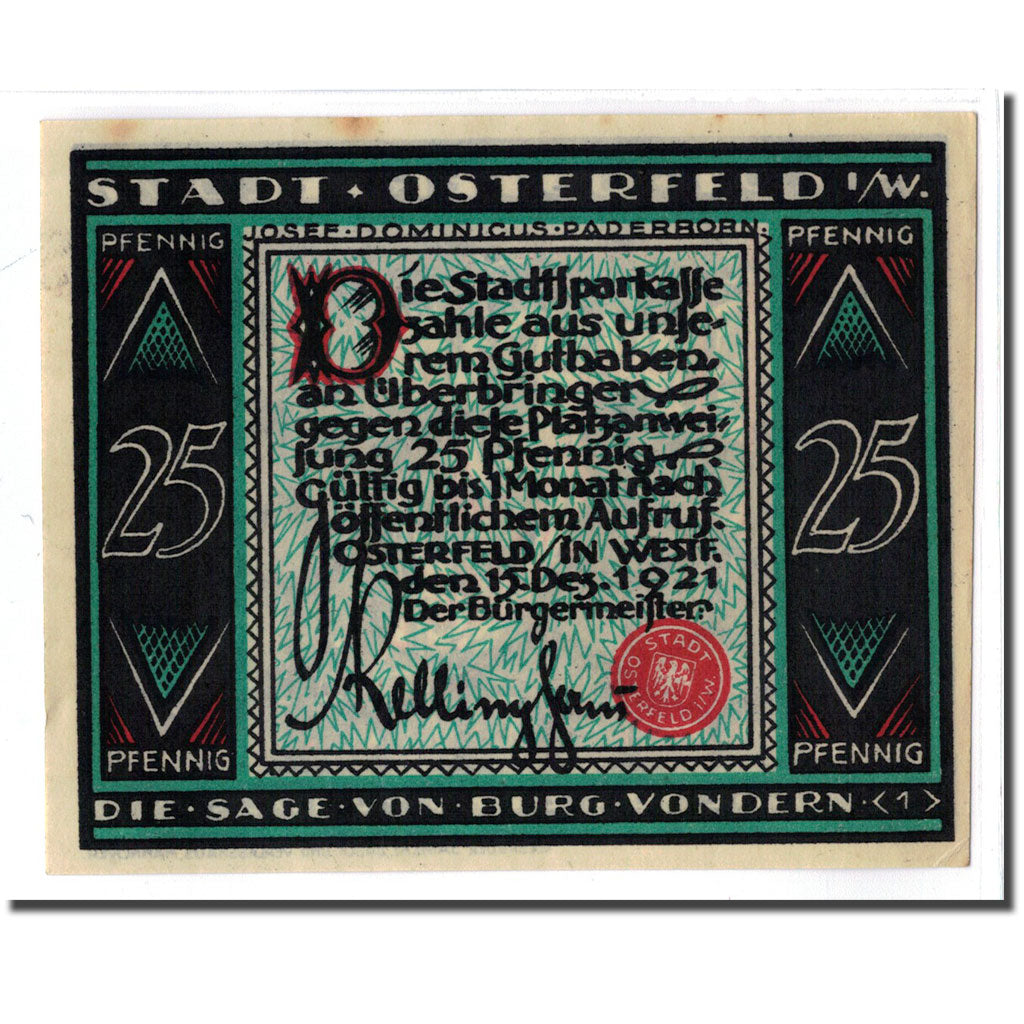 Banknote, Germany, Osterfeld, 25 Pfennig, personnage, 1921, 1921-12-15, UNC(63)