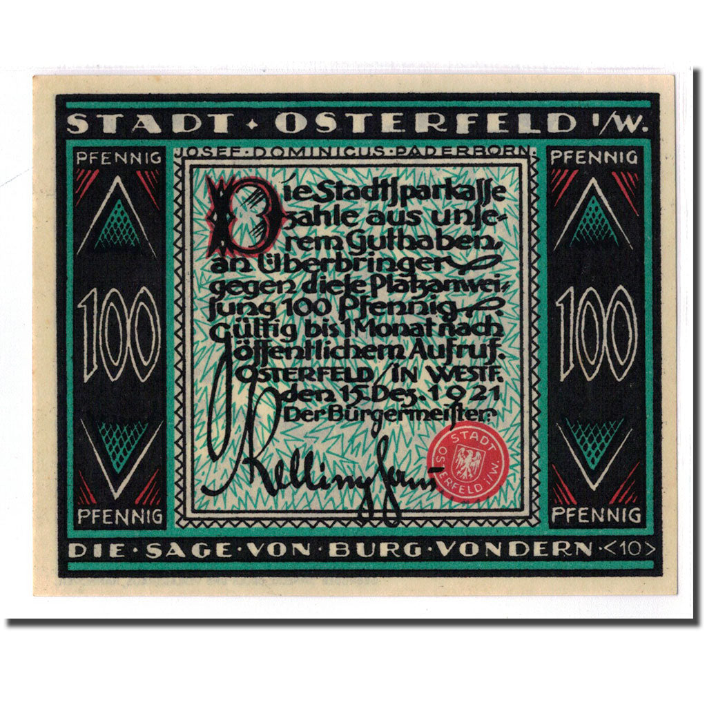 Billet, Allemagne, Osterfeld, 100 Pfennig, personnage 9, 1921, 1921-12-15, SPL
